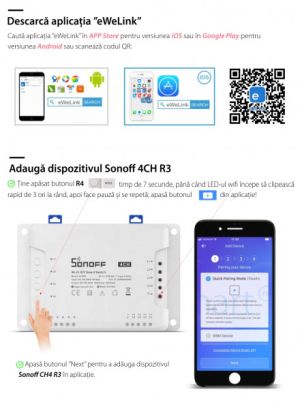 Releu Smart Wireless Sonoff 4CHR3, 4 canale, Alexa / Google Home